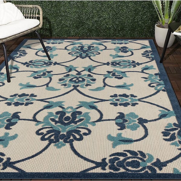 Clyde Floral Navy Blue/Off-White 2 ft. x 3 ft. Damask High-Low Polypropylene Indoor/Outdoor Area Rug