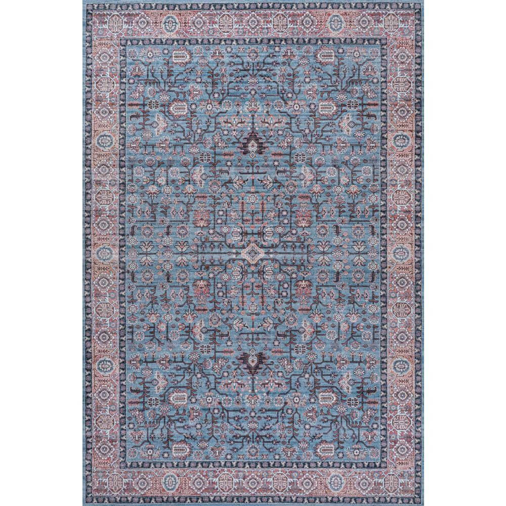 Persian-Inspired Blue and Red Chenille Washable Area Rug