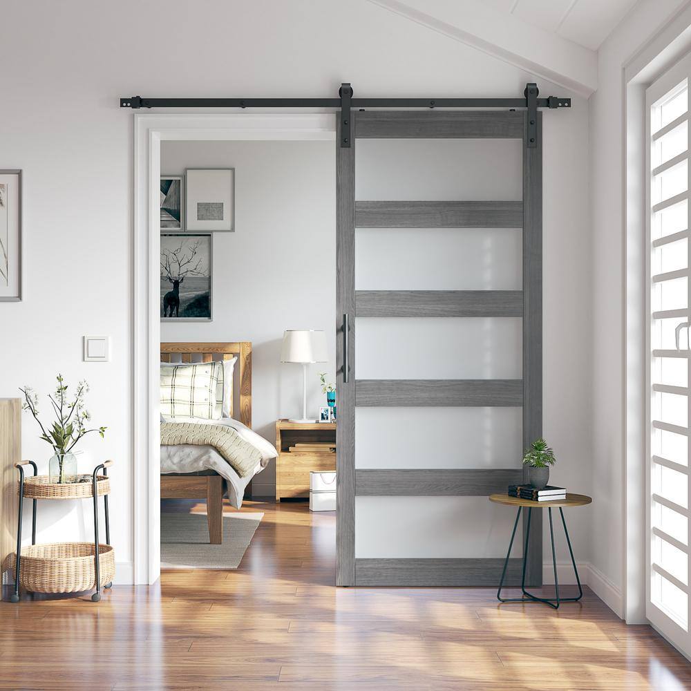 Gray Frosted Glass and MDF Sliding Barn Door with Hardware Kit
