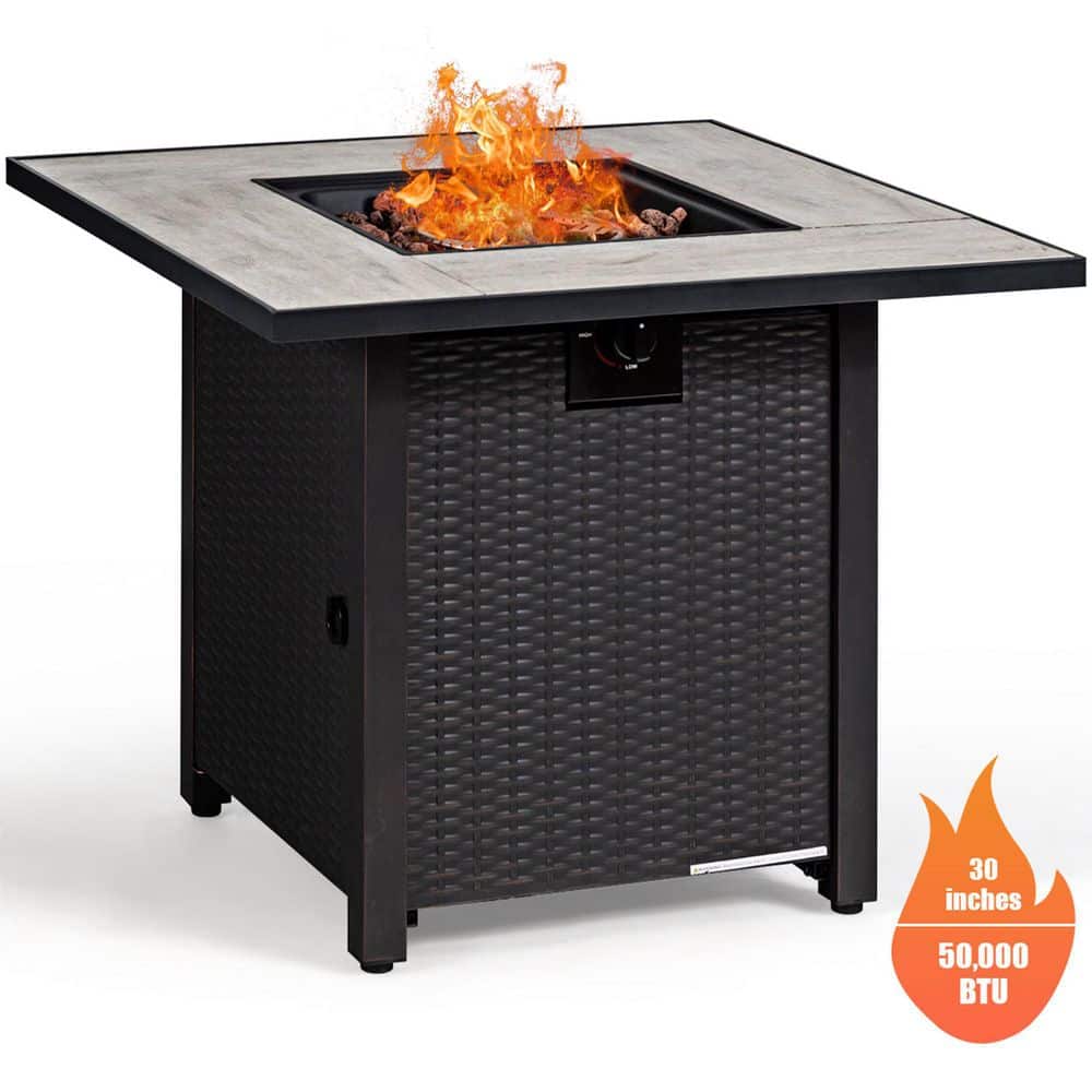 30" Black Steel Square Gas Fire Pit Table with Ceramic Tile Top