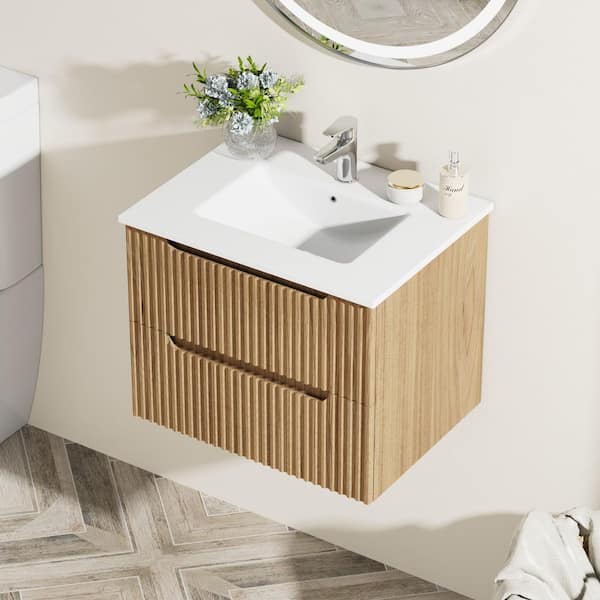 FORCLOVER 24 in. W Floating Wall Mounted Bath Vanity in Walnut with White Ceramic Top and U-shaped Drawers