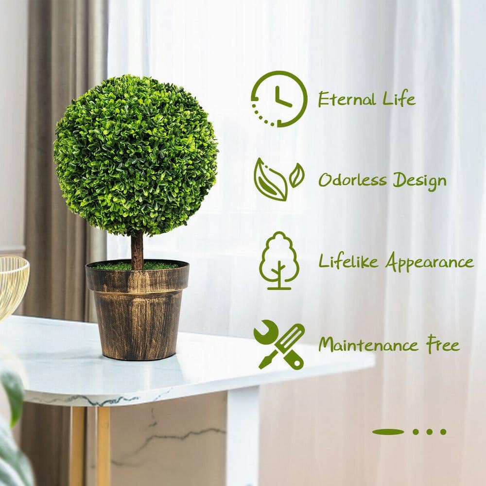 22" Green Artificial Boxwood Topiary Trees in Bronze Cement Pots, Set of 2