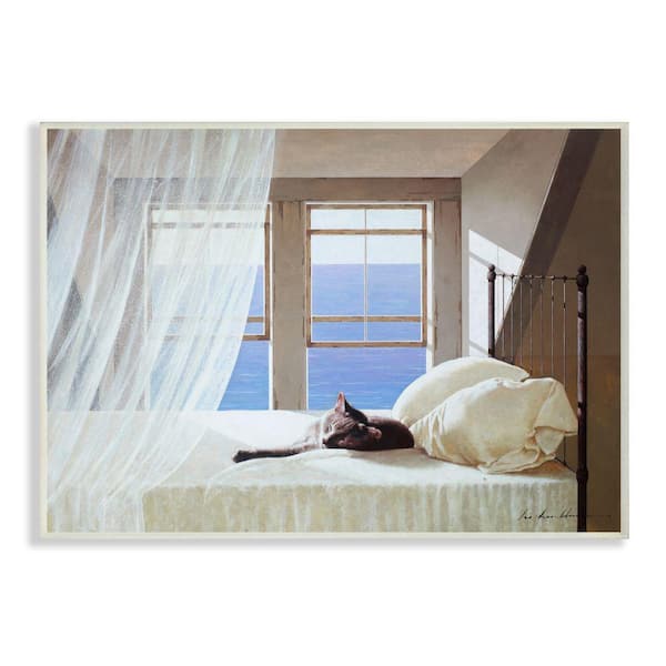 Stupell Industries "Cat Resting on White Oceanside Bed Nautical Painting" by Zhen-Huan Lu Unframed Animal Wood Wall Art Print 13 in x 19 in
