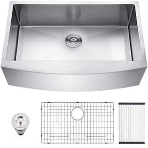 33 in Apron-Front Single Bowl 16 Gauge Stainless Steel Kitchen Sink with Bottom Grid and Basket Strainer