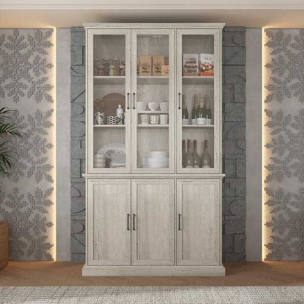 FUFU&GAGA Vintage style Beige Wood Grain Wooden 46.3 in. W Sideboard, Bookcase, Storage Cabinet with 10 Shelves & 6 Doors