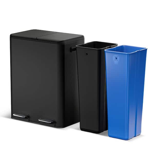 16 Gal. Black Stainless Steel Dual Recycling Trash Can with Step-On Pedals and Slow Closing Lids, 60 Liters Total