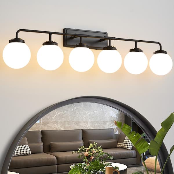Deyidn 45.28 in. 6-Light Black Bathroom Vanity Light with Opal Glass Shades, Bulbs Not Included