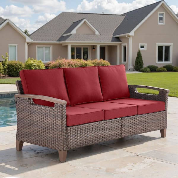 Concave All-Weather Brown Wicker Outdoor Couch, 3-Seat Patio Sofa with Red Cushion and Deep Seating