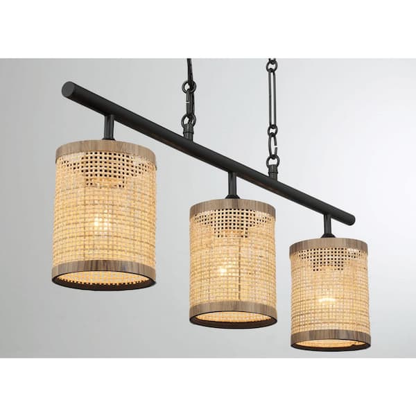 Elysian Series 3-Light Black Metal with Natural Rattan Shade Island Chandelier for Kitchen (E26, No Bulbs Included)