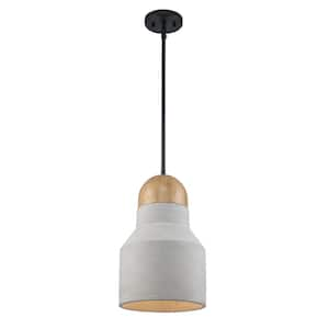 Urban 10 in. 1-Light Black Pendant Light Fixture with Grey Concrete and Faux Wood Shade