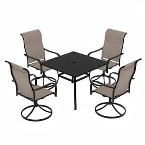 5-Piece Steel Textiliene Swivel Chair Square Table 28.54 in. Height Patio Dining Set with Umbrella Hole
