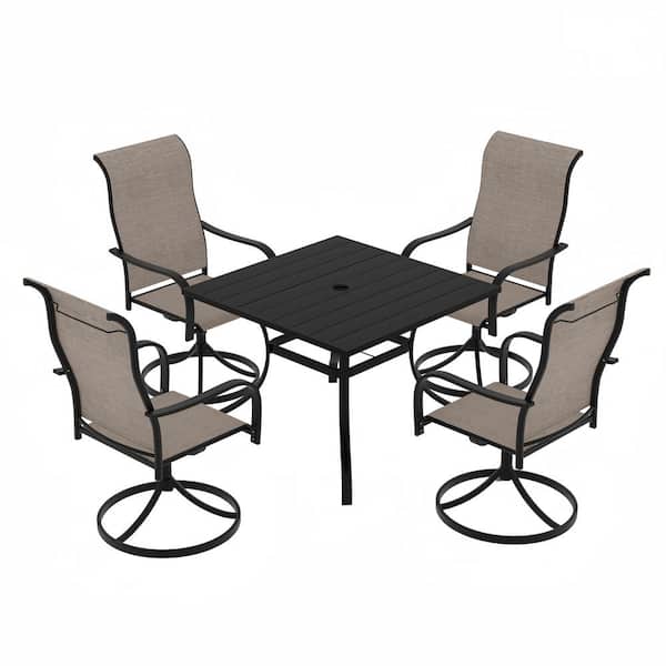 Mondawe 5-Piece Steel Textiliene Swivel Chair Square Table 28.54 in. Height Patio Dining Set with Umbrella Hole