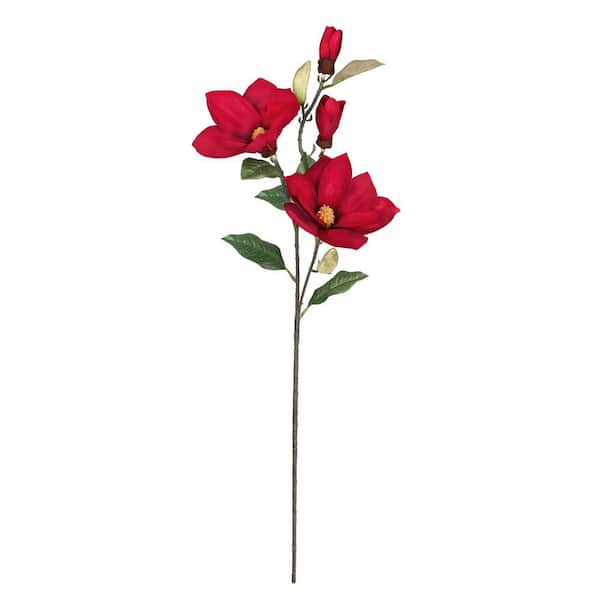 LIVING LUXURY 32 in. Red Artificial Magnolia Flower Stem Spray (Set of 3)