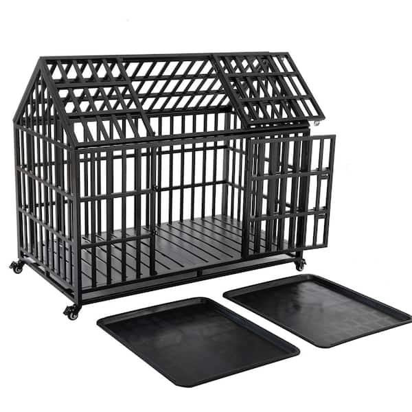 Tunearary 52 in. Heavy Duty Metal Black Dog Crate Dog Kennel for Large Dogs with 1 Front Door 1 Top Door and 4 Lockable Wheels Dogcage zj The Home Depot