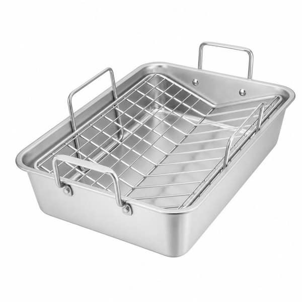 15 qt. Silver Roasting Pan with Racks, Stainless Steel Turkey Roaster with Cooling Racks, Nonstick Deep Broiler Pan