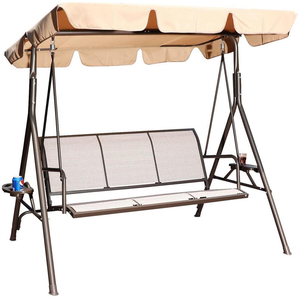 3-Person Metal Outdoor Adjustable Canopy Porch Swing Chair in Beige