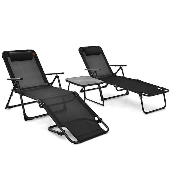 Costway 3-Pieces Folding Outdoor Chaise Lounge Chair PVC Tabletop Set Patio Portable Beach with Bistro Table