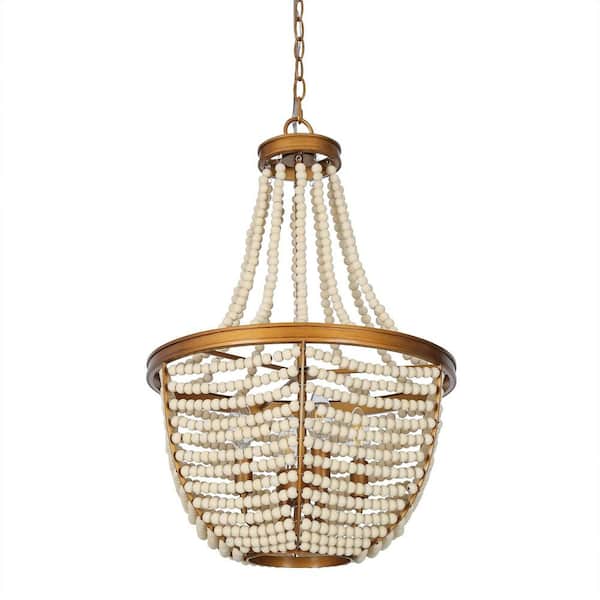 4-Light Candlestick Brushed Gold Chandelier with White Wood Beads
