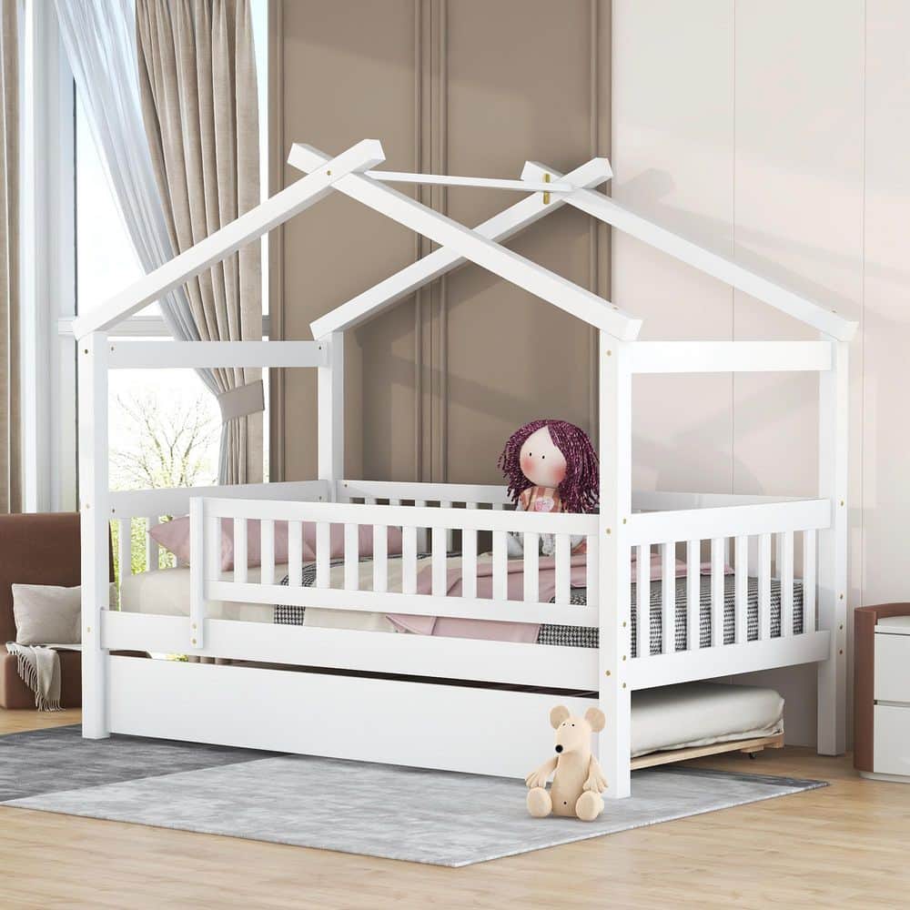 White Wood Frame Twin Size Platform Bed with Twin Size Trundle price history on PriceWatchPro