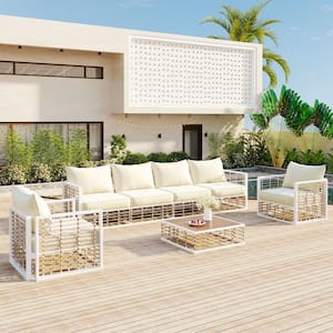 7-Piece Metal Outdoor Sectional Sofa Set with White Thick Cushions and Coffee Table for Outdoor