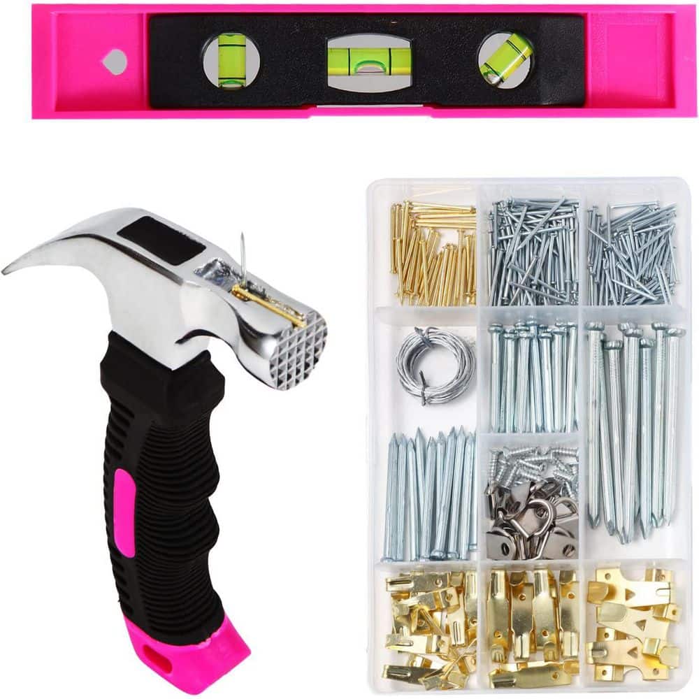 Pink Magnetic Picture Hanging Kit with Hooks, Wire, Nails, D Ring, Level an