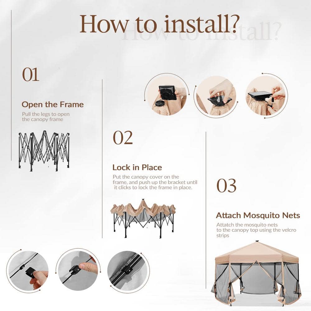 Beige 13' x 13' Metal Pop-Up Gazebo with Mosquito Netting