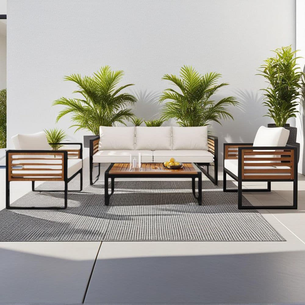 Beige 4-Pieces Metal and Wood Frame Sofa Set, Outdoor Conversation Set with Removable Cushion