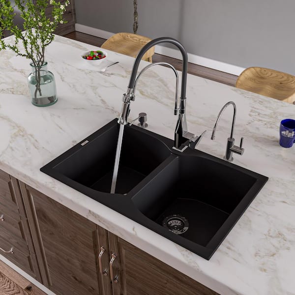 ALFI BRAND Drop-In Granite Composite 31.13 in. 1-Hole 50/50 Double Bowl Kitchen Sink in Black