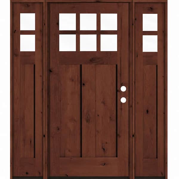 64 in. x 80 in. Knotty Alder Left-Hand/Inswing 6Lite Beveled Clear Glass Red Mahogany Stain Wood Prehung Front Door wDSL
