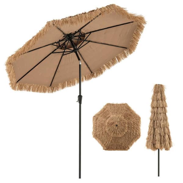 9 ft. Metal Market Patio Umbrella in Natural with Crank Handle and Tilt Push Button Thatched Tiki Outdoor Umbrella