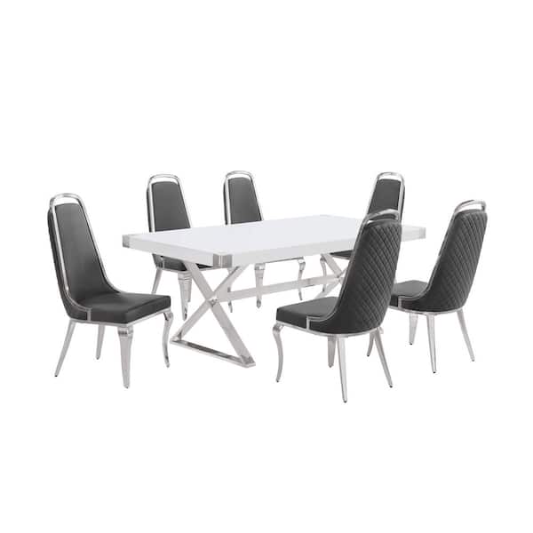 Best Quality Furniture Miguel 7-Piece Rectangle White Wood Top Silver Stainless Steel Dining Set with 6-Dark Grey Velvet Chairs.