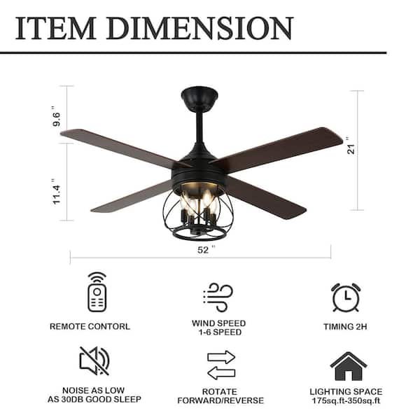 Faria 52 in. Indoor Black 4-Light Rustic Modern Ceiling Fan with Lights, Scandi 6-Speed Reversible Ceiling Fan w/ Remote