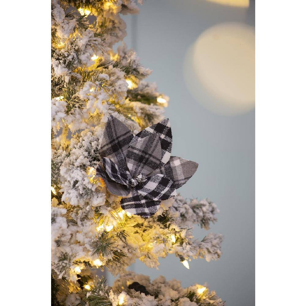 13" Black and White Plaid Poinsettia Stems Set of 12