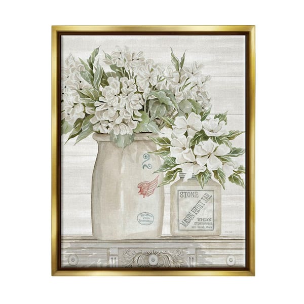 The Stupell Home Decor Collection Alluring White Florals Classic Country Ceramic Jars by Cindy Jacobs Floater Frame Nature Wall Art Print 17 in. x 21 in.