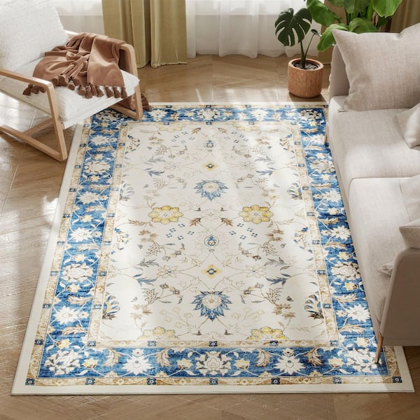 Non-Slip Boho Floor Cover Foldable Carpet 4 x 6 ft. Blue Floral Washable Area Rug Runner Rug