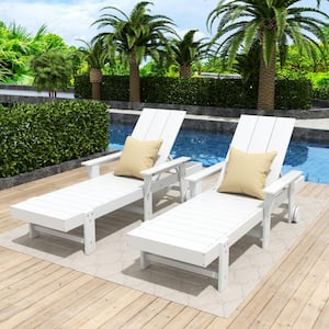 Shoreside 2-Piece White Fade Proof Plastic Portable Poly Reclining Outdoor Patio Chaise Lounge Arm Chairs with Wheels