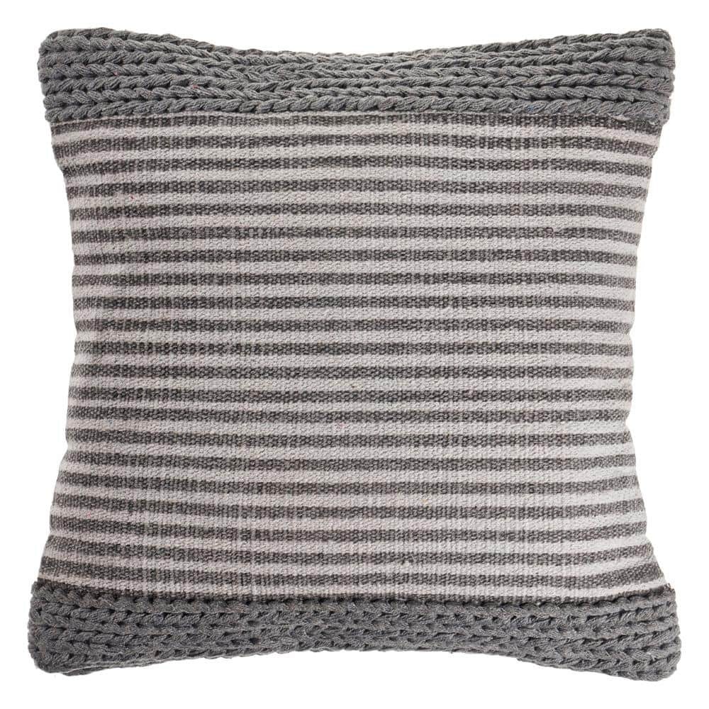 Farmhouse Gray / Off White Striped Textured Poly-fill 20 in. x 20 in. Indoo
