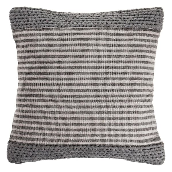 Unbranded Farmhouse Gray / Off White Striped Textured Poly-fill 20 in. x 20 in. Indoor Throw Pillow