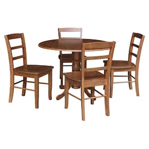 42 in. 5-Piece Distressed Oak Solid Wood Round Drop-leaf Table with 4-Side Chairs Set