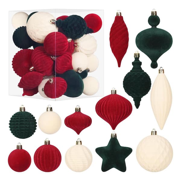 6.93 in Velvet Christmas Ornaments Set Flocked Shatterproof Coffee Beige Deep Green Hanging Decor Xmas Tree Home Party