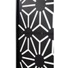 Black metal privacy screen panel with white geometric pattern.