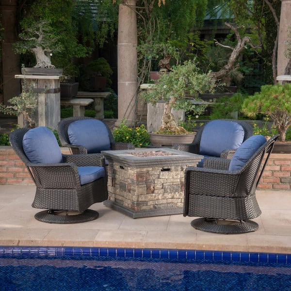 Noble House Alhambra Dark Brown 5-Piece Metal Patio Fire Pit Seating Set with Navy Blue Cushions