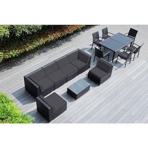 Ohana Black 14-Piece Wicker Patio Conversation Set with Stackable Dining Chairs and Sunbrella Coal Cushions