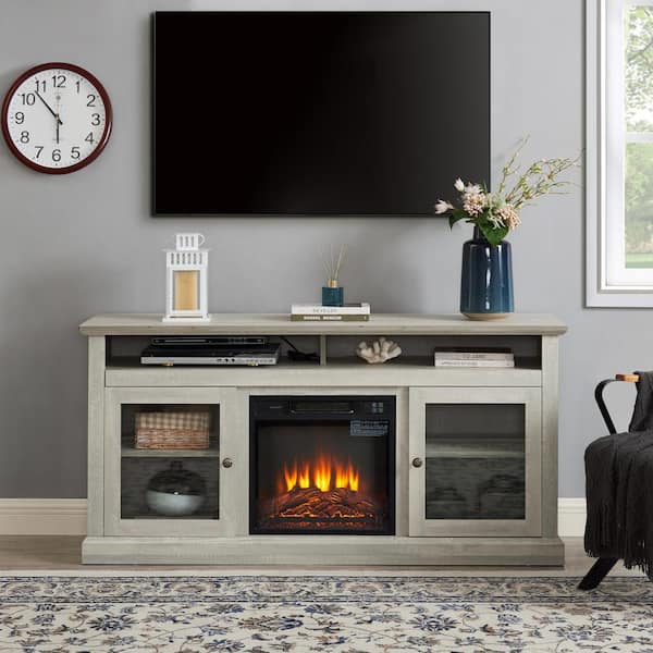 60 in. W TV Stand Entertainment Console for TV Up to 65 in. w/ 18 in. Wall Mount Electric Fireplace Insert in Stone Gray