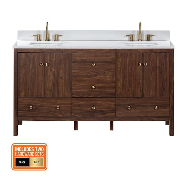Rory 72 in. Double Sink Walnut Bath Vanity with White Engineered Marble Top (Assembled)