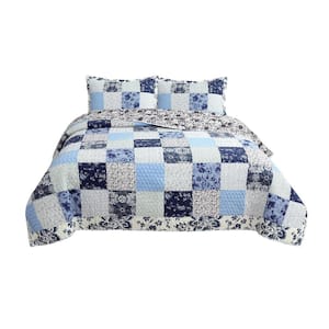 Azure Blue Floral Garden Patchwork 3-Piece Queen Cotton Quilt Bedding Set