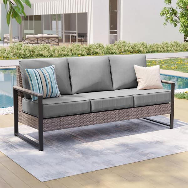 Outdoor 3-Seater Sofa Patio Conversation Set Patio Sofa Set All-Weather Gray Wicker with Gray Cushion