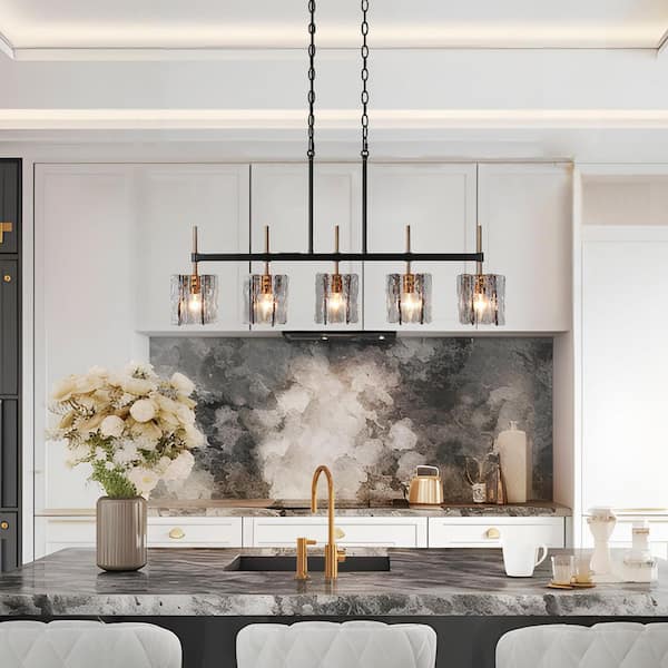 Echonalyri Modern 35.4 in. 5-Light Black and Brass Island Chandelier with Geometric Gray Textured Glass Shades