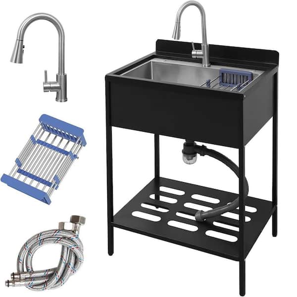 22 in. D x 32 in. W Freestanding Laundry/Utility Sink in Black with Pull-Out Faucet, Outdoor Kitchen Utility Sink