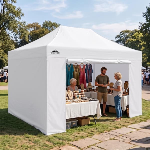 10 ft. × 15 ft. Heavy-Duty Commercial Pop Up Canopy Tent, Portable Instant Shelter with 4 Walls & 4 Weight Bags, White